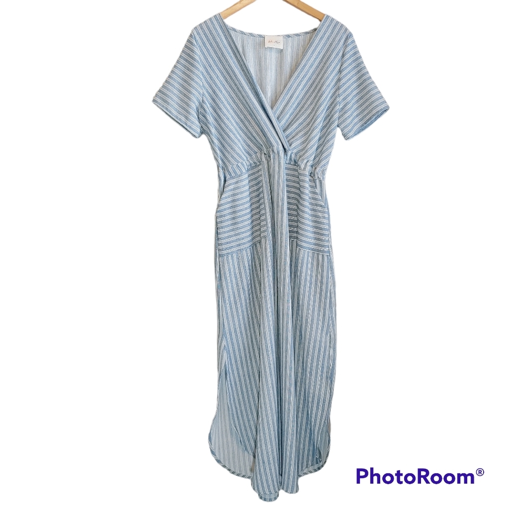 Anthropologie Blue & White Striped Wrap Maxi Dress